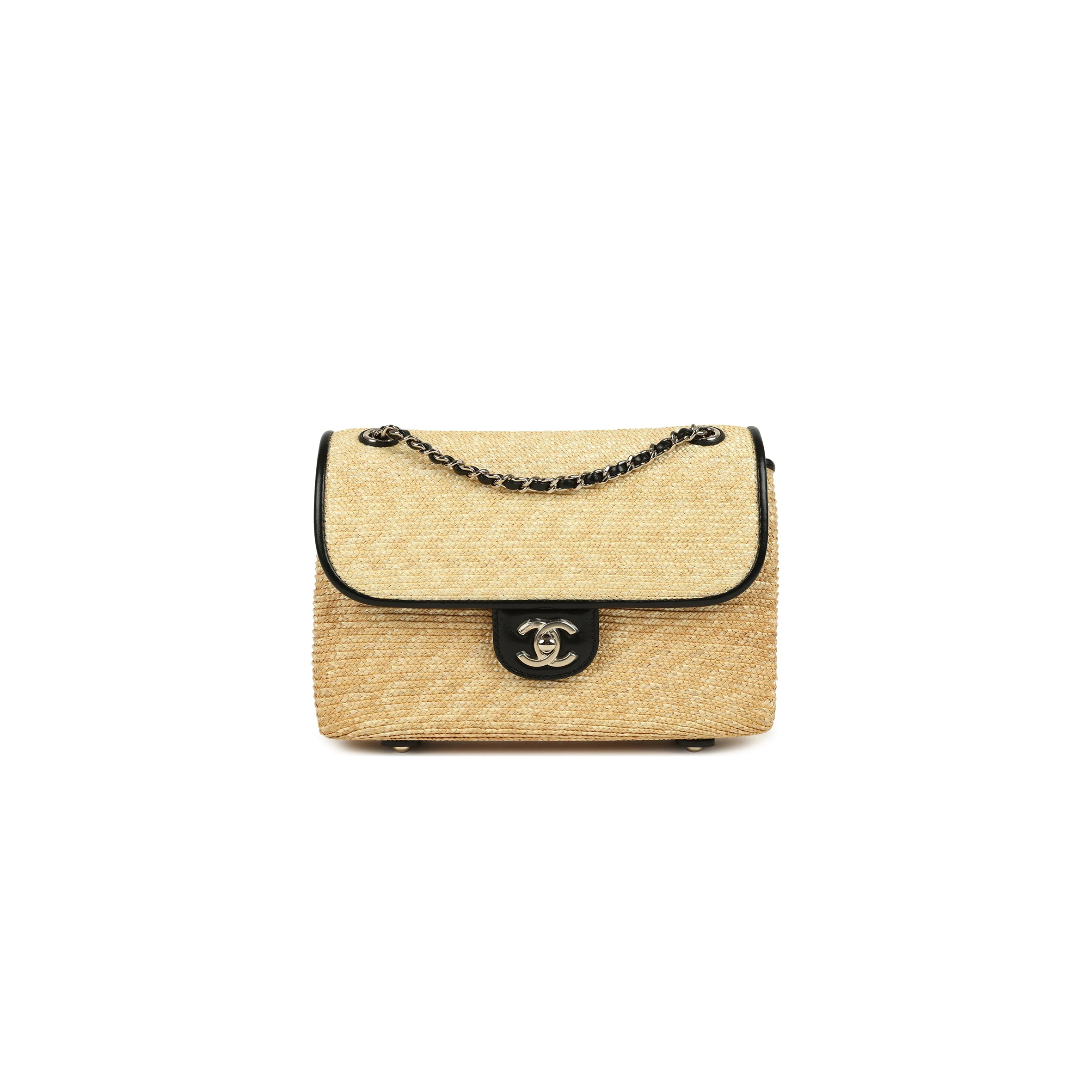 CHANEL MASTER SMALL FLAP BAG BEIGE BRAIDED RAFFIA AND BLACK LAMBSKIN LIGHT GOLD HARDWARE AS6017 (23*16*8cm)